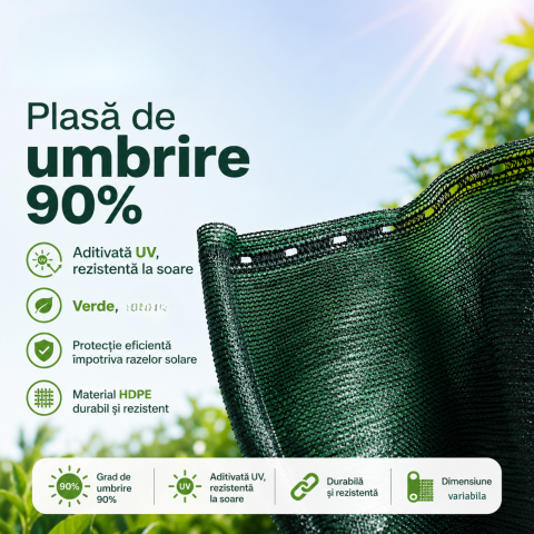 Plasă umbrire 90% - Plasă umbrire 90%, verde, 3 m x 10m, aditivată UV
