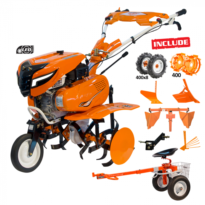 Motosapa RURIS 7500ACC3 + roti cauciuc 4.00-8+rarita ajustabila+plug+adaptor+dispozitiv cartofi+cultivator multifunctional+accesoriu tractat+roti metalice 400 fara manicot [1]