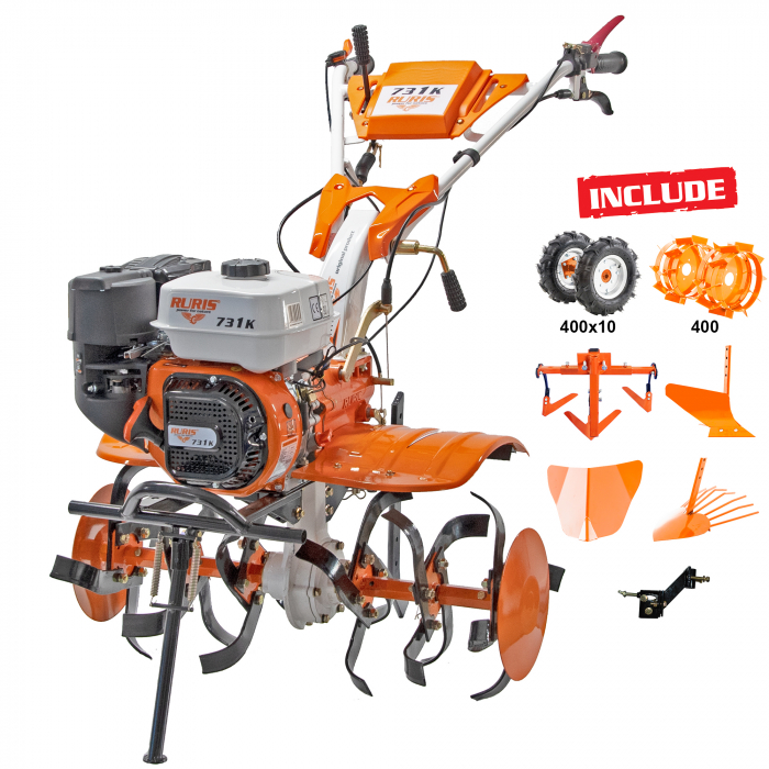 Motosapatoare RURIS 731ACC1 + roti cauciuc 5.00-8+rarita+plug+adaptor+dispozitiv scos cartofi+roti metalice 400 fara manicot+cultivator+set contragreutati 10kg [33]
