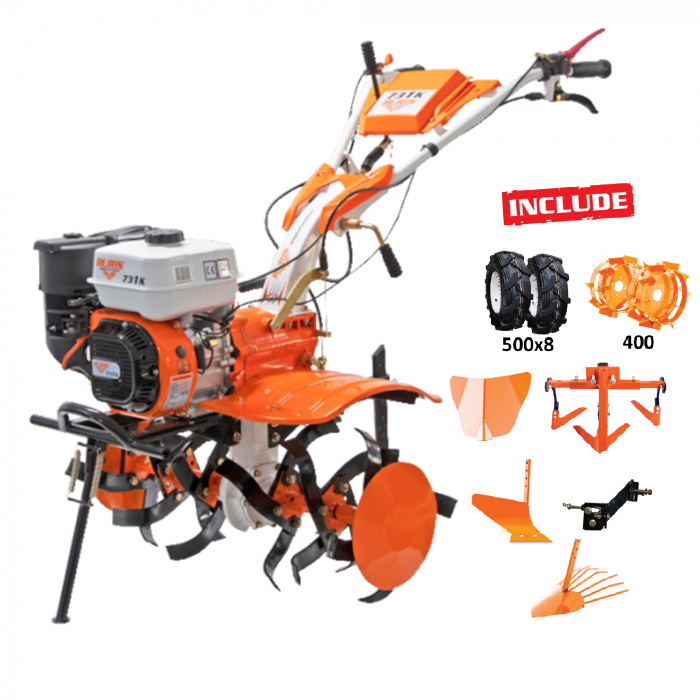 Motosapatoare RURIS 731ACC1 + roti cauciuc 5.00-8+rarita+plug+adaptor+dispozitiv scos cartofi+roti metalice 400 fara manicot+cultivator+set contragreutati 10kg [27]
