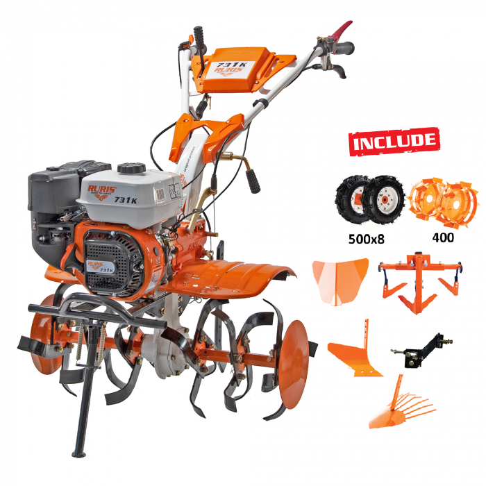 Motosapatoare RURIS 731ACC1 + roti cauciuc 5.00-8+rarita+plug+adaptor+dispozitiv scos cartofi+roti metalice 400 fara manicot+cultivator+set contragreutati 10kg [26]
