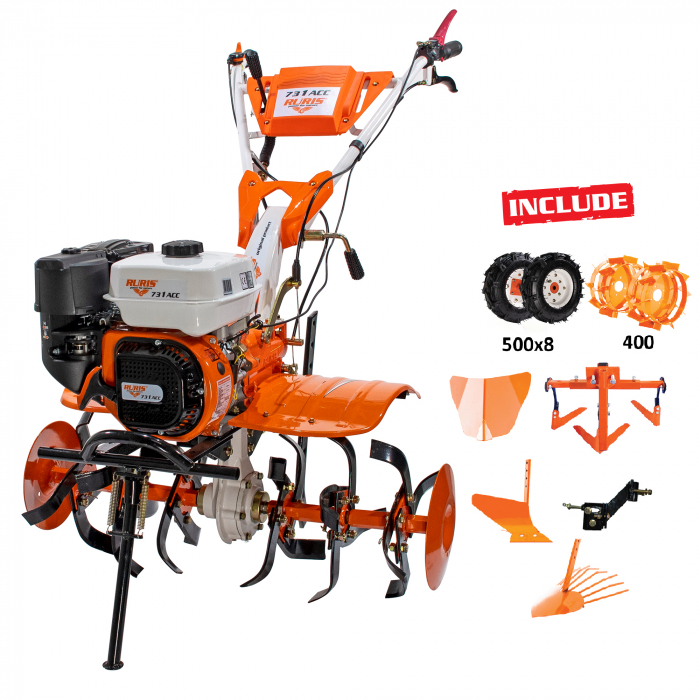 Motosapatoare RURIS 731ACC1 + roti cauciuc 5.00-8+rarita+plug+adaptor+dispozitiv scos cartofi+roti metalice 400 fara manicot+cultivator+set contragreutati 10kg [1]