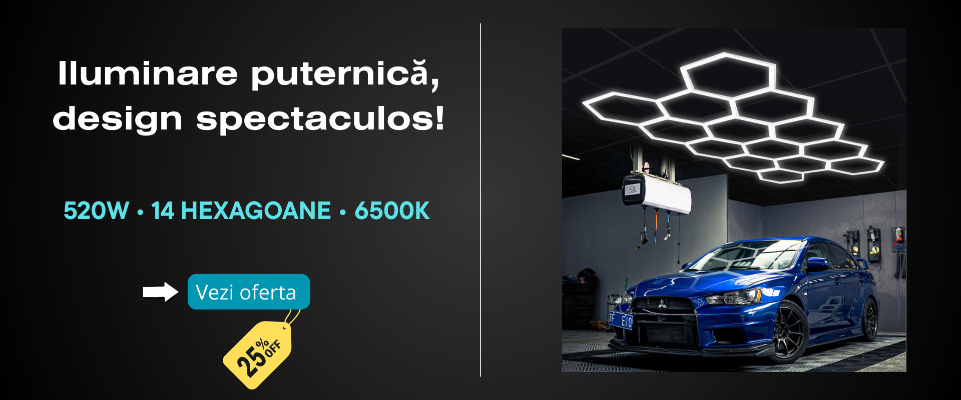 Lampă LED hexagonală cu 14 module, 520W, 6500K – iluminare profesională pentru ateliere