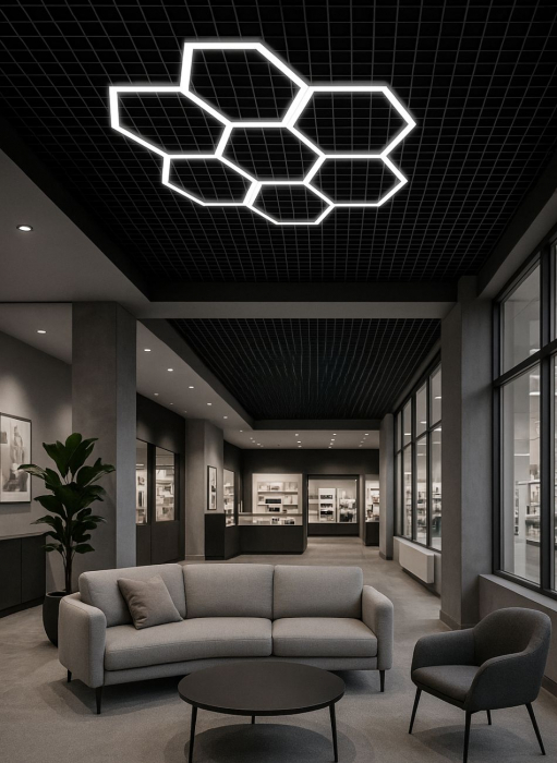 Aplica LED cu 7 Hexagoane tip Fagure, 210W, Tavan HoneyComb, Modulara, 2548x2444 mm, 6500K, Design Modern, Atelier Auto, Garaj, Frizerie, Salon [3]