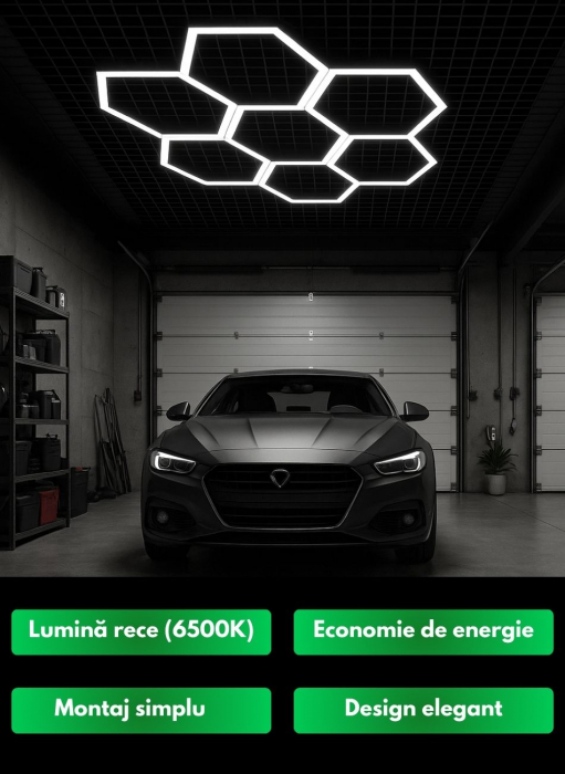 Aplica LED cu 7 Hexagoane tip Fagure, 210W, Tavan HoneyComb, Modulara, 2548x2444 mm, 6500K, Design Modern, Atelier Auto, Garaj, Frizerie, Salon [2]