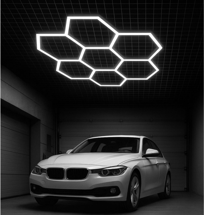 Aplica LED cu 7 Hexagoane tip Fagure, 210W, Tavan HoneyComb, Modulara, 2548x2444 mm, 6500K, Design Modern, Atelier Auto, Garaj, Frizerie, Salon [1]