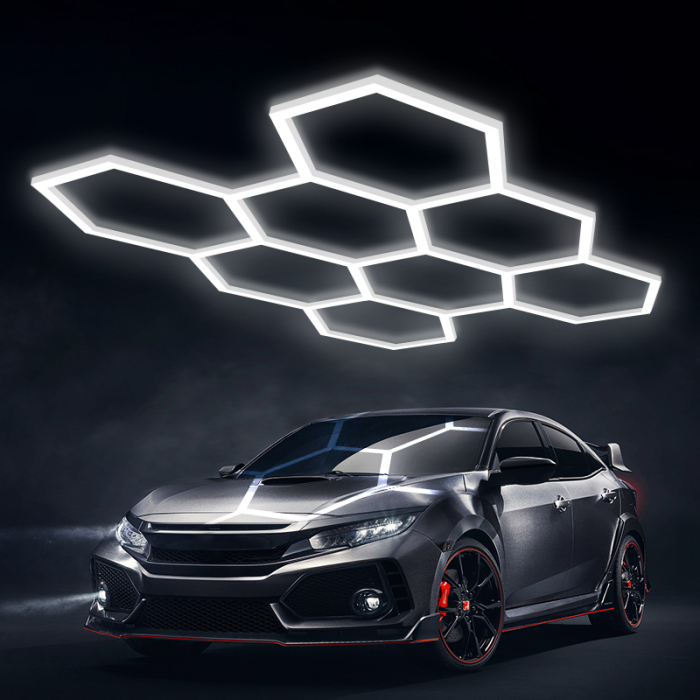 Aplica LED cu 8 Hexagoane tip Fagure, 280W, Modulara, Tavan HoneyComb, 2576x2444 mm, 6500K, Design Modern, Atelier Auto, Garaj, Frizerie, Salon [2]