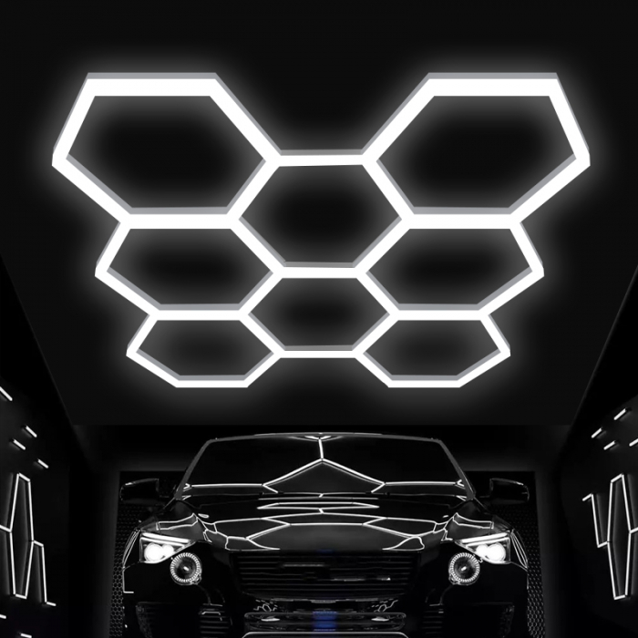 Aplica LED cu 8 Hexagoane tip Fagure, 280W, Modulara, Tavan HoneyComb, 2576x2444 mm, 6500K, Design Modern, Atelier Auto, Garaj, Frizerie, Salon [5]