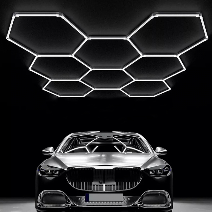 Aplica LED cu 8 Hexagoane tip Fagure, 280W, Modulara, Tavan HoneyComb, 2576x2444 mm, 6500K, Design Modern, Atelier Auto, Garaj, Frizerie, Salon [4]