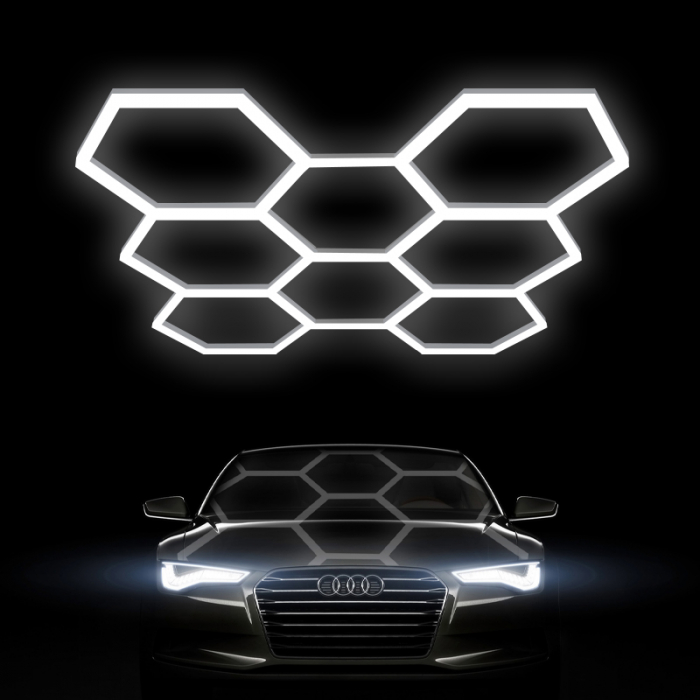 Aplica LED cu 8 Hexagoane tip Fagure, 280W, Modulara, Tavan HoneyComb, 2576x2444 mm, 6500K, Design Modern, Atelier Auto, Garaj, Frizerie, Salon [6]