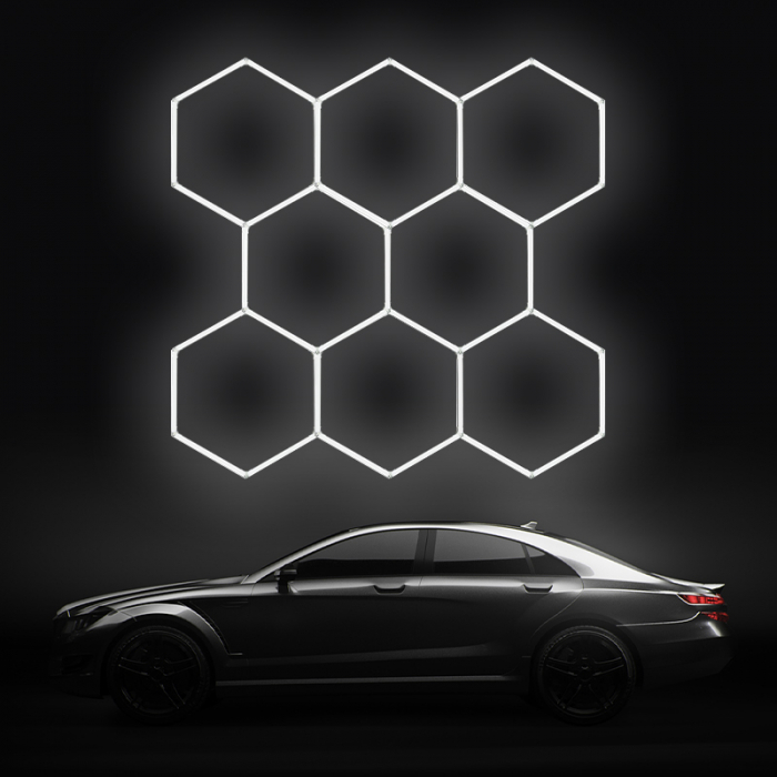 Aplica LED cu 8 Hexagoane tip Fagure, 280W, Modulara, Tavan HoneyComb, 2576x2444 mm, 6500K, Design Modern, Atelier Auto, Garaj, Frizerie, Salon [1]