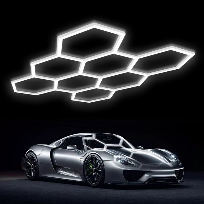 Aplica LED cu 8 Hexagoane tip Fagure, 280W, Modulara, Tavan HoneyComb, 2576x2444 mm, 6500K, Design Modern, Atelier Auto, Garaj, Frizerie, Salon [3]