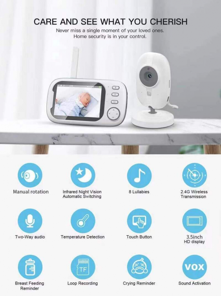 Baby Monitor Audio-Video pentru Supraveghere Bebe, Night Vision, Wireless, Ecran HD LCD 3.5", Senzor de Temperatura, Cantece de Leagan, Comunicare Bidirectionala [3]