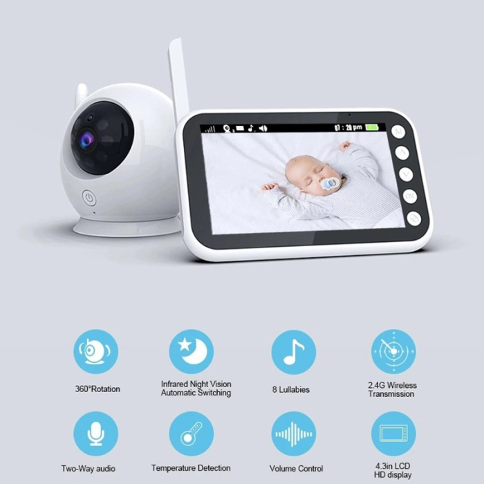 Baby Monitor Audio-Video pentru Supraveghere Bebe, Night Vision, Wireless, Rotire 360°, Ecran HD LCD 4.3", Senzor de Temperatura, Cantece de Leagan, Comunicare Bidirectionala, Aida HER® [2]