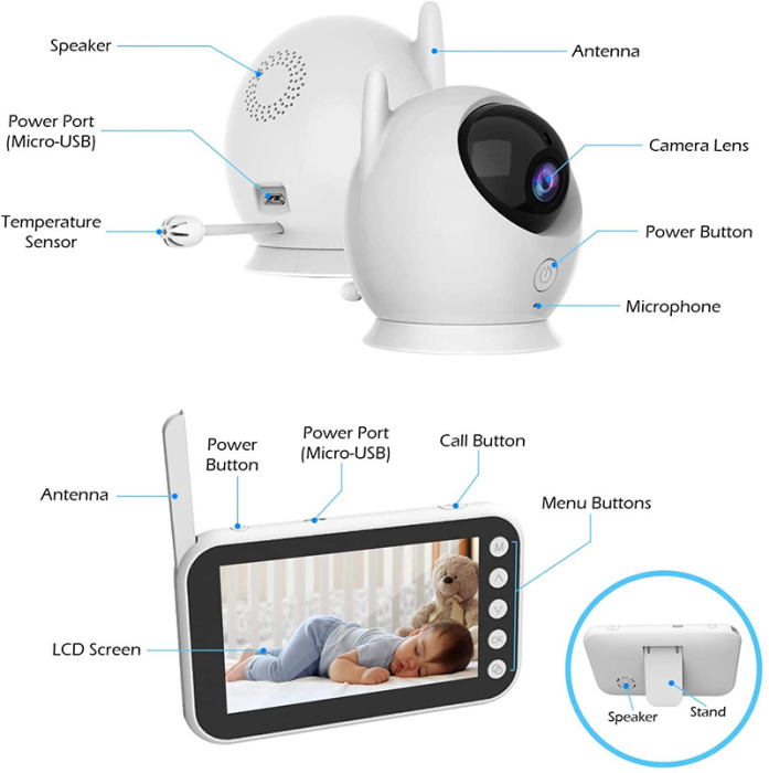 Baby Monitor Audio-Video pentru Supraveghere Bebe, Night Vision, Wireless, Rotire 360°, Ecran HD LCD 4.3", Senzor de Temperatura, Cantece de Leagan, Comunicare Bidirectionala, Aida HER® [3]