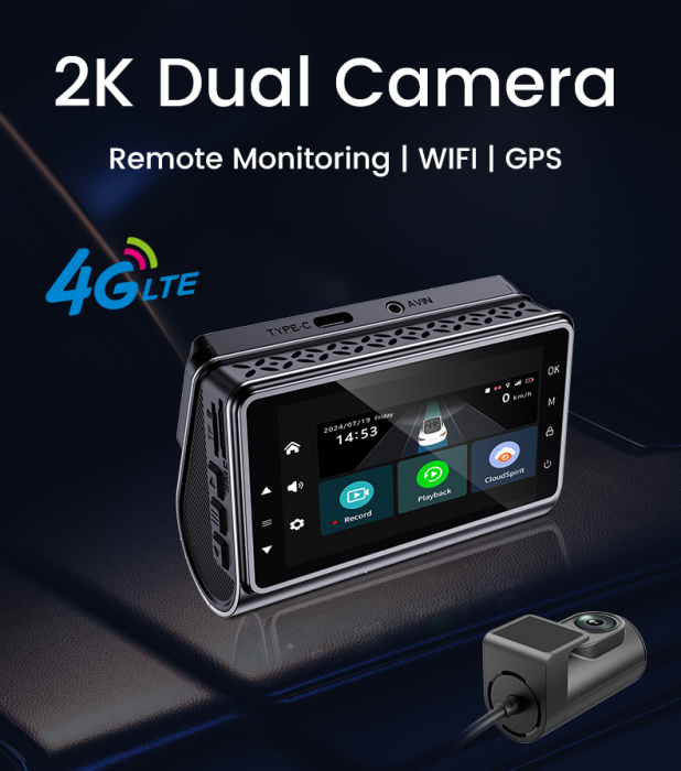 Camera Auto de Bord Duala 2K + Camera Spate AHD, Ecran LCD, Conexiune 4G Cartela SIM, Wi-Fi, Night Vision, G-Senzor, Alimentare Bricheta/Panou Sigurante [2]