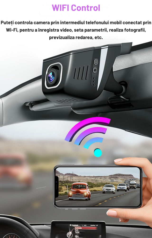 Camera Auto DVR, 2K, 1440P, Dashcam Ultra HD, Discreta, Parking Monitor, 140°, Wi-Fi, Night Vision, G-Senzor, Alimentare Directa la Panoul de Sigurante al Masinii (ACC) [3]