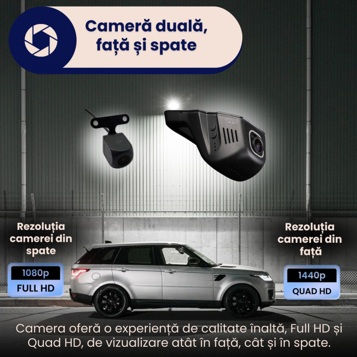 Camera Auto DVR duala, 2K 1440P + Camera Spate Full HD 1080P, Discreta, Pornire Automata, Unghi 140°, Control Wi-Fi, Vedere Nocturna, Senzor G, Monitorizare Parcare, Alimentare Directa, negru [4]