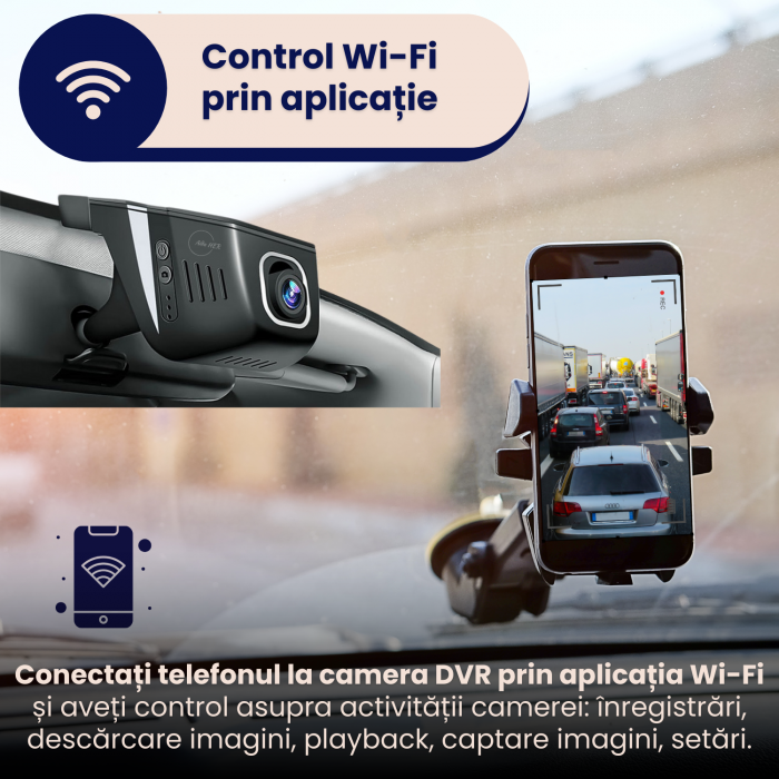 Camera Auto DVR duala, 2K 1440P + Camera Spate Full HD 1080P, Discreta, Pornire Automata, Unghi 140°, Control Wi-Fi, Vedere Nocturna, Senzor G, Monitorizare Parcare, Alimentare Directa, negru [3]