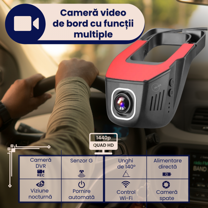 Camera Auto DVR duala, 2K 1440P + Camera Spate Full HD 1080P, Discreta, Pornire Automata, Unghi 140°, Control Wi-Fi, Vedere Nocturna, Senzor G, Monitorizare Parcare, Alimentare Directa, negru [2]