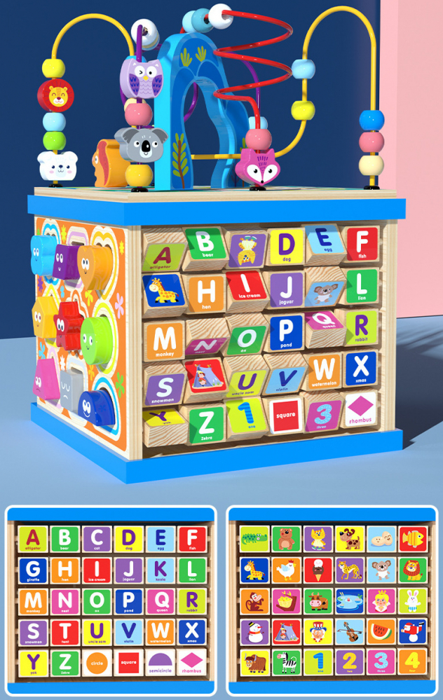 Cub Educativ din Lemn Montessori cu Activitati, Alfabet, Animale, Figuri Geometrice, Labirint, Ceas, Multicolor, Aida HER® [3]