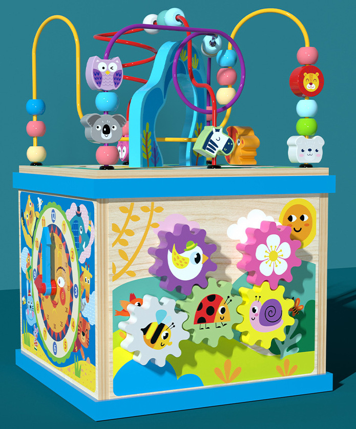 Cub Educativ din Lemn Montessori cu Activitati, Alfabet, Animale, Figuri Geometrice, Labirint, Ceas, Multicolor, Aida HER® [6]