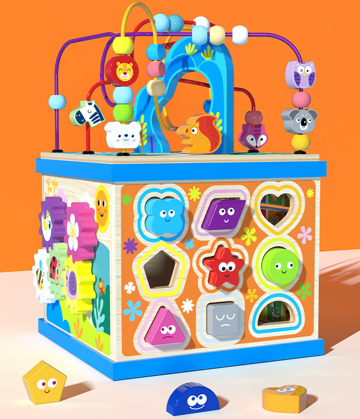 Cub Educativ din Lemn Montessori cu Activitati, Alfabet, Animale, Figuri Geometrice, Labirint, Ceas, Multicolor, Aida HER® [2]