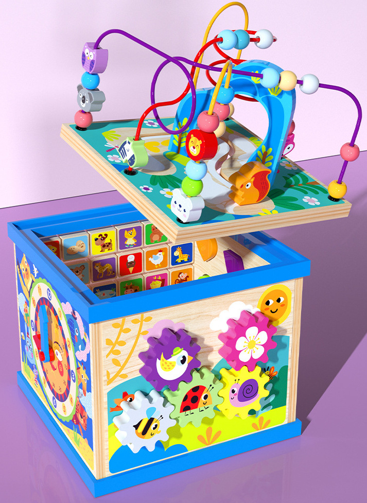 Cub Educativ din Lemn Montessori cu Activitati, Alfabet, Animale, Figuri Geometrice, Labirint, Ceas, Multicolor, Aida HER® [5]