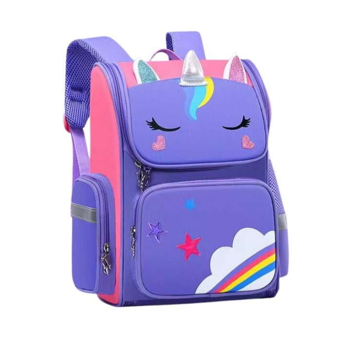 Ghiozdan Școlar Violet cu Unicorn – Ergonomic, Compartimente Multiple, Benzi Reflectorizante, Prindere la Piept, 41x27x14 cm, [3]