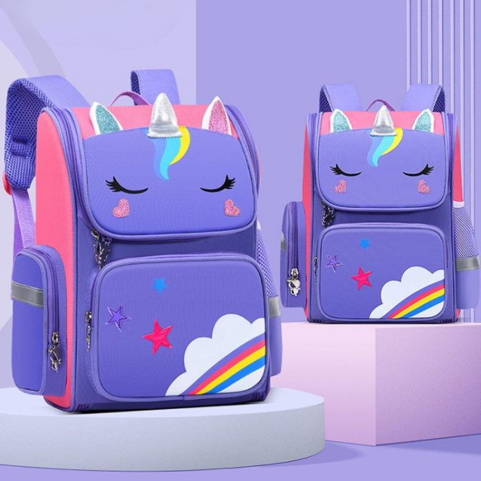 Ghiozdan Școlar Violet cu Unicorn – Ergonomic, Compartimente Multiple, Benzi Reflectorizante, Prindere la Piept, 41x27x14 cm, [1]