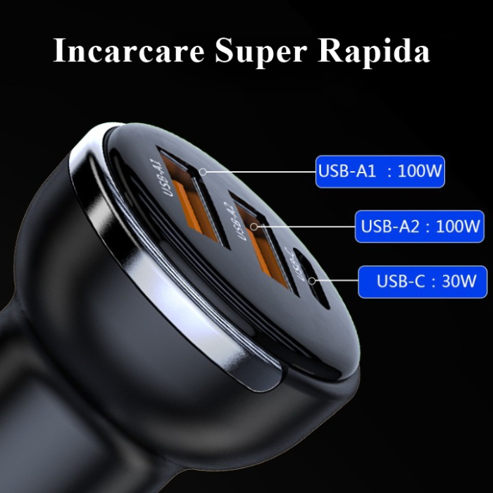 Incarcator Auto 230W, USB 1/USB 2 Output 20V/5A, USB-C Output 5V/3.1A, Negru [2]