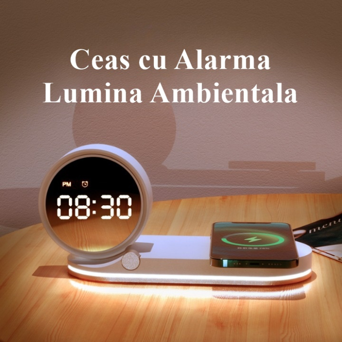 Incarcator Wireless Rapid, 15W Fast Charger cu Ceas Digital, Alarma si Lumina Ambientala Reglabila, Aida HER® [2]