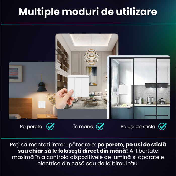 Intrerupator Triplu cu Revenire Fara Fir si 3 Controllere Wireless RF433, Control al Luminilor si Aparatelor, Alb [2]