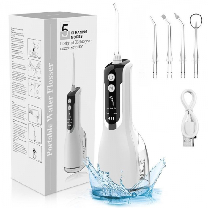 Irigator Oral Portabil Tip Dus Bucal cu 5 Moduri, 4 Duze, 1800 Pulsatii/min, Rezervor 330 ml, IPX7, Baterie 2000mAh, Alb [2]