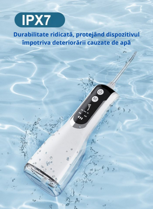 Irigator Oral Portabil Tip Dus Bucal cu 5 Moduri, 4 Duze, 1800 Pulsatii/min, Rezervor 330 ml, IPX7, Baterie 2000mAh, Alb [4]