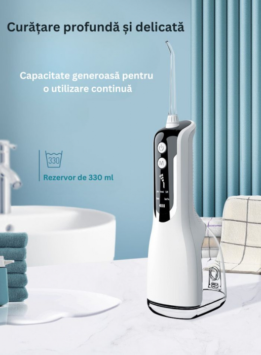 Irigator Oral Portabil Tip Dus Bucal cu 5 Moduri, 4 Duze, 1800 Pulsatii/min, Rezervor 330 ml, IPX7, Baterie 2000mAh, Alb [5]