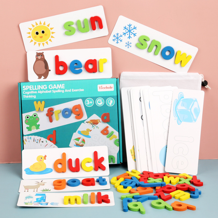 Joc Montessori Educativ, Litere din Lemn, Cuvinte in Limba Engleza, Exercitiu de Gandire si Asociere, 52 Piese, Multicolor [2]
