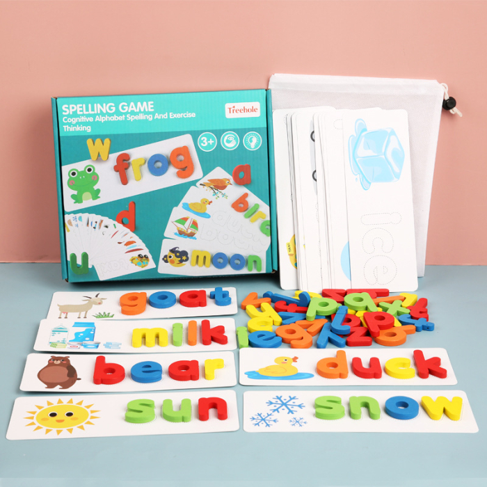 Joc Montessori Educativ, Litere din Lemn, Cuvinte in Limba Engleza, Exercitiu de Gandire si Asociere, 52 Piese, Multicolor [1]