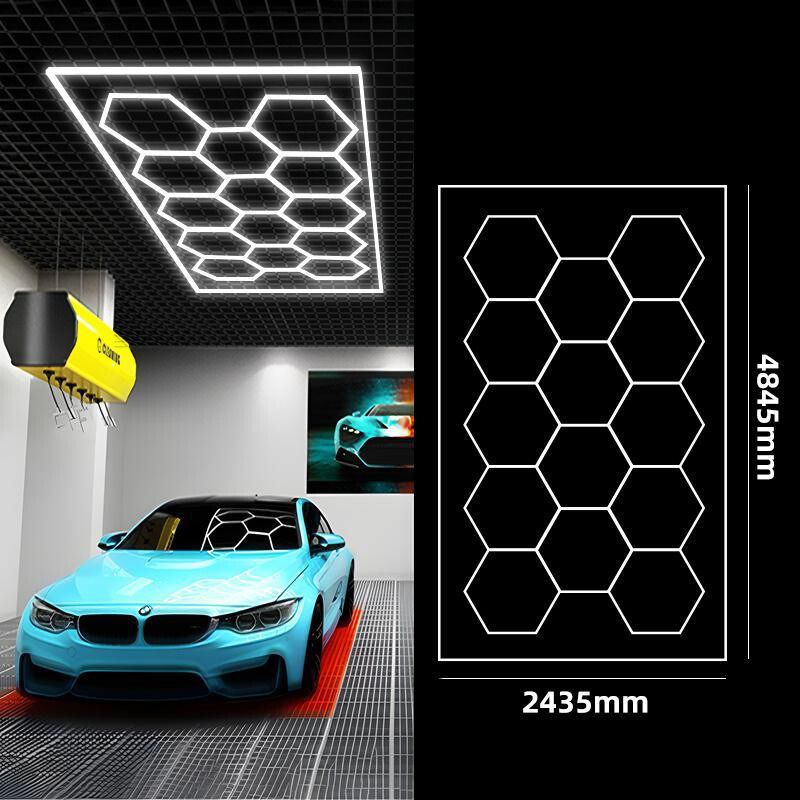 Lampa LED cu 14 Hexagoane tip Fagure, 672W, Tavan HoneyComb, 4845x2435 mm, 6500K, Design Modern, Atelier Auto, Garaj, Frizerie, Salon [5]