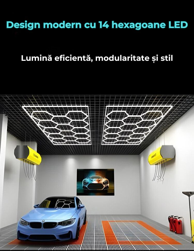 Lampa LED cu 14 Hexagoane tip Fagure, 672W, Tavan HoneyComb, 4845x2435 mm, 6500K, Design Modern, Atelier Auto, Garaj, Frizerie, Salon [4]