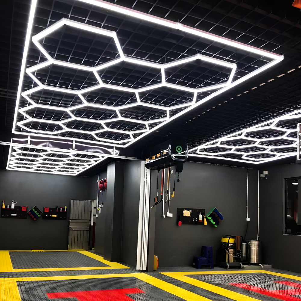 Lampa LED cu 14 Hexagoane tip Fagure, 672W, Tavan HoneyComb, 4845x2435 mm, 6500K, Design Modern, Atelier Auto, Garaj, Frizerie, Salon [3]