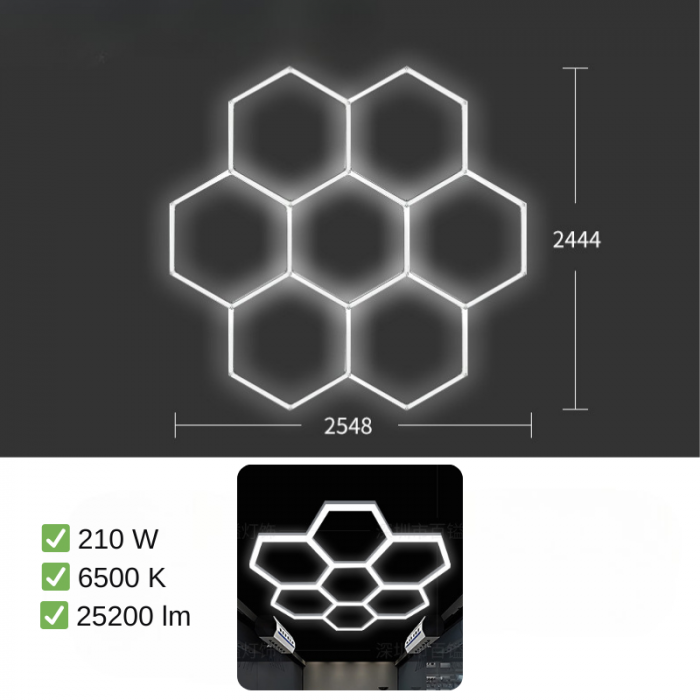 Aplica LED cu 7 Hexagoane tip Fagure, 210W, Tavan HoneyComb, Modulara, 2548x2444 mm, 6500K, Design Modern, Atelier Auto, Garaj, Frizerie, Salon [4]