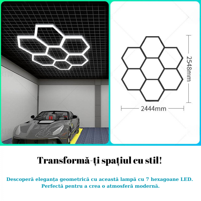 Aplica LED cu 7 Hexagoane tip Fagure, 210W, Tavan HoneyComb, Modulara, 2548x2444 mm, 6500K, Design Modern, Atelier Auto, Garaj, Frizerie, Salon [5]