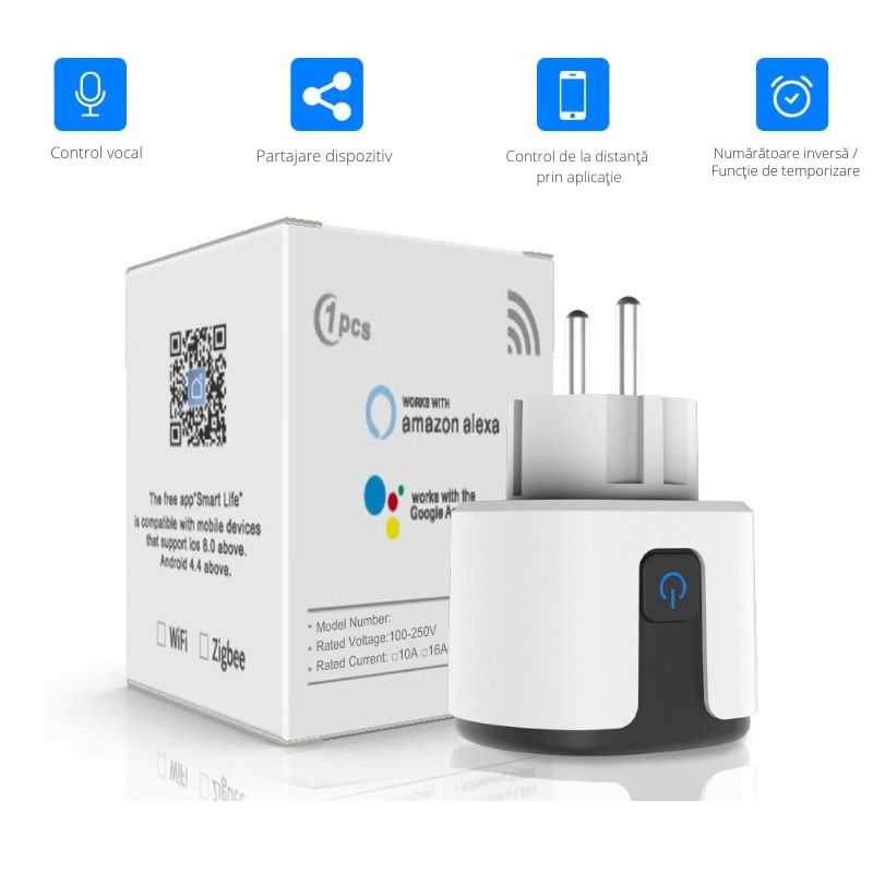 Priza Inteligenta Smart, WiFi, 20A, Monitorizare Consum, Programabila, Wireless, Control Vocal, Compatibila Alexa si Google Assistant, Android/iOS [1]