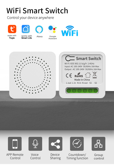 Releu Inteligent Smart, WiFi, 16A, Programabil prin Aplicatie, Wireless, Control Vocal, Compatibil Alexa si Google Assistant, Android/iOS [1]