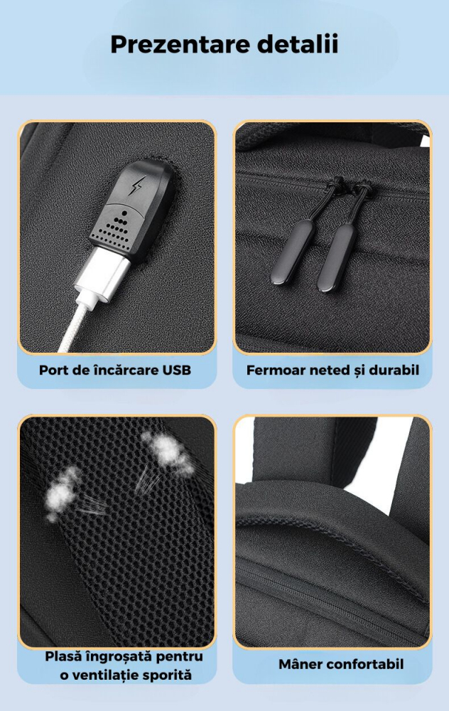 Rucsac Multifunctional, Smart Casual, Business si Calatorii, Rezistent la Apa si Zgarieturi, cu Port USB, Bareta Reglabila, Unisex, Spatios si Respirabil, Compatibil cu Laptop 15.6", Negru [5]