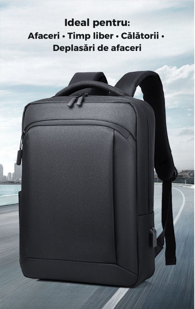 Rucsac Multifunctional, Smart Casual, Business si Calatorii, Rezistent la Apa si Zgarieturi, cu Port USB, Bareta Reglabila, Unisex, Spatios si Respirabil, Compatibil cu Laptop 15.6", Negru [2]