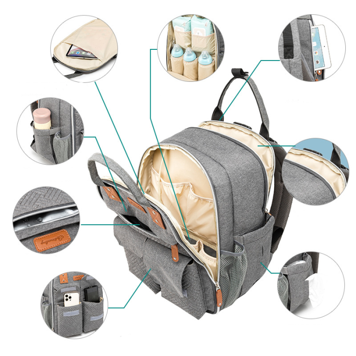 Rucsac pentru Mamici, Bebelusi si Copii, Multifunctional, Impermeabil, Prindere Carucior / Troler, Gri [2]