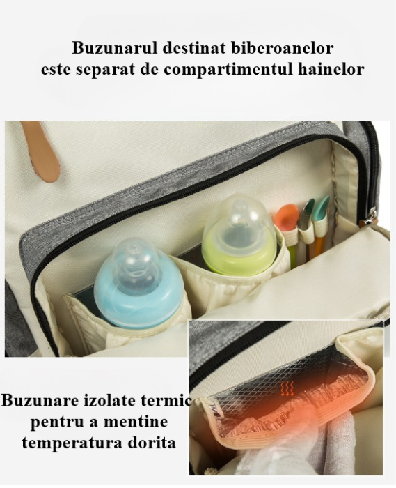Rucsac pentru Mamici, Bebelusi si Copii, Multifunctional, Impermeabil, Prindere Carucior / Troler, Gri-Negru [3]