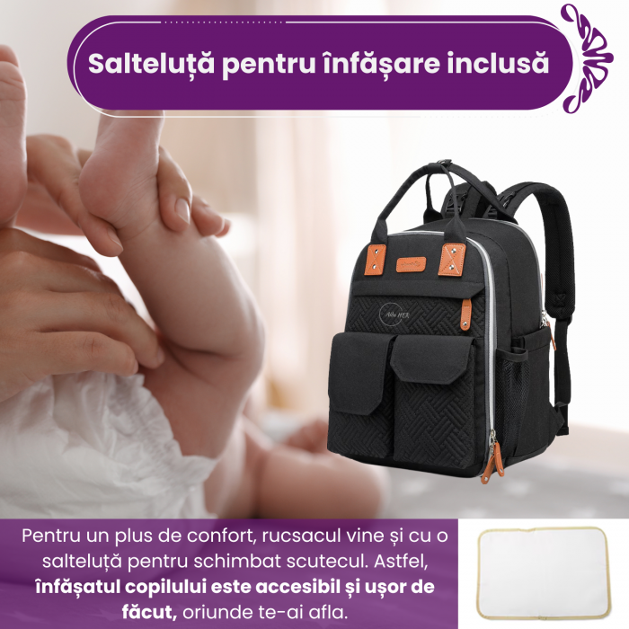 Rucsac pentru Mamici, Bebelusi si Copii, 10 Compartimente, Buzunar termoizolant biberoane, Impermeabil, Prindere Carucior / Troler, Negru [6]
